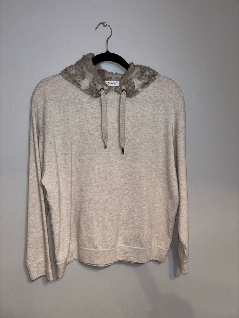 Brunello Cucinelli Cream Crewneck Sweater with Faux-Fur Trim Hood